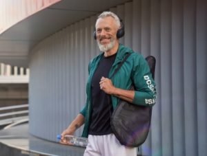 mature man with a guitar and headphones happy to have regained energy and vitality